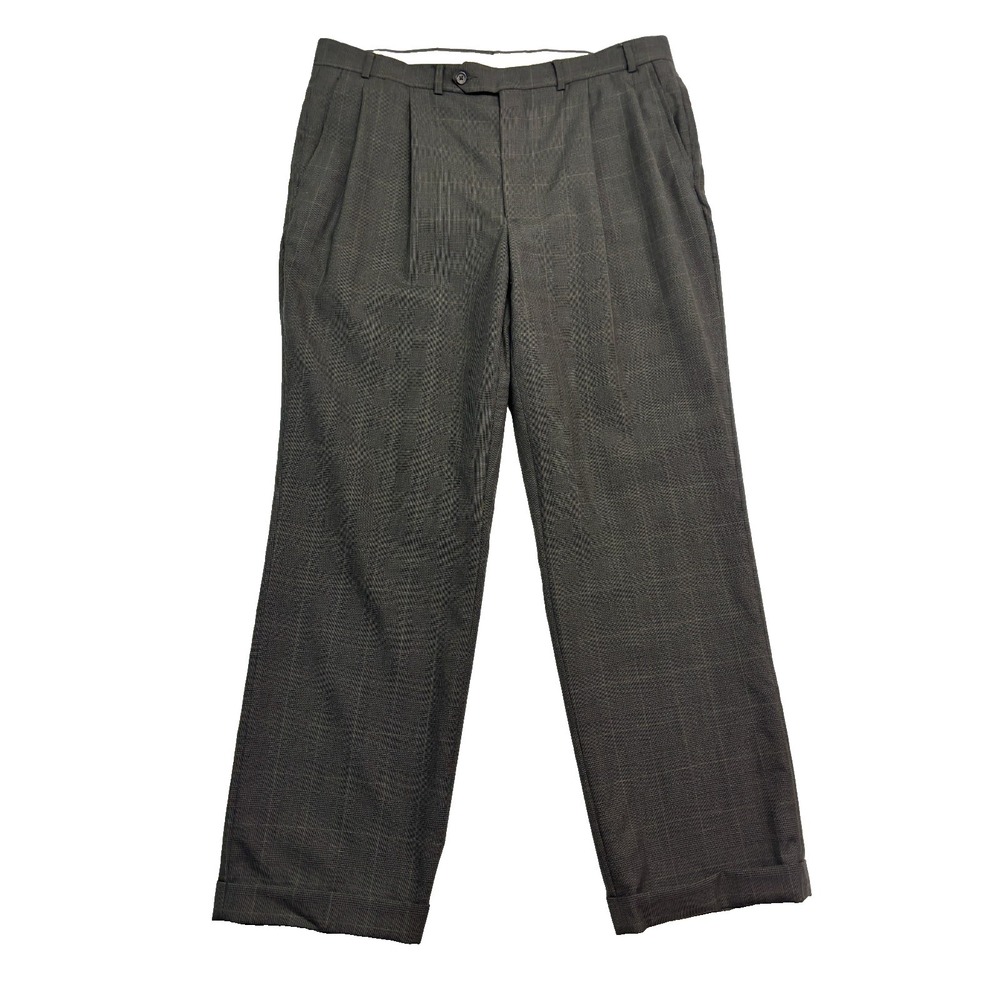 vtg Stafford 40x32 Green Plaid Windowpane Dress Suit Pants Wool Pleated Trouser‎